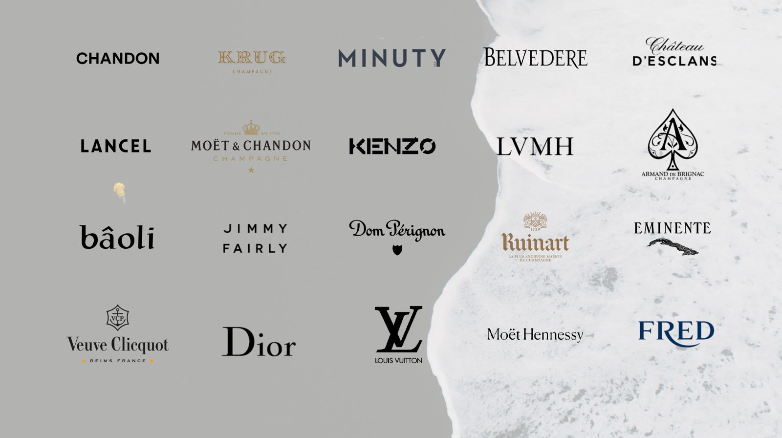 Brand references: Chandon, Krug, Minuty, Belvedere, Château d'Esclans, Lancel, Moët & Chandon, Kenzo, LVMH, Armand de Brignac, bâoli, Jimmy Fairly, Dom Pérignon, Ruinart, Eminente, Veuve Clicquot, Dior, Louis Vuitton, Moët Hennessy, FRED